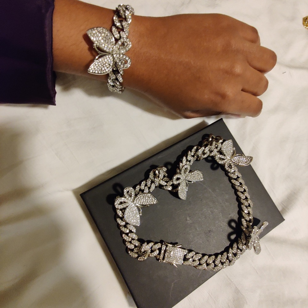 Necklace Set, Rhinestone Cuban Link, Butterfly - Picture 7 of 9